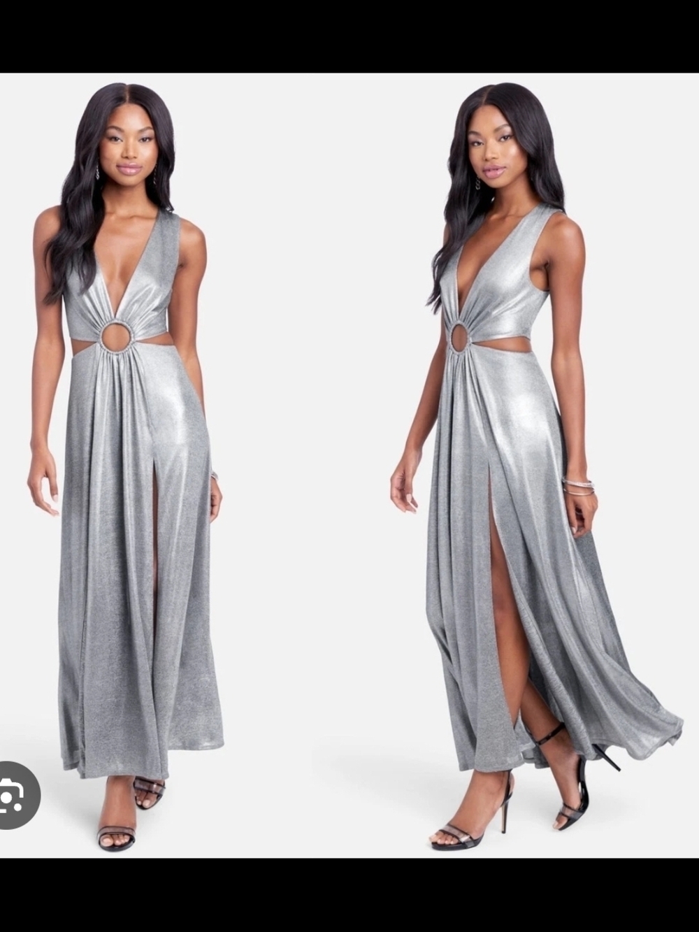 Bebe Women's Silver Ring Detail Sparkle Knit Cut Out Maxi Dress L